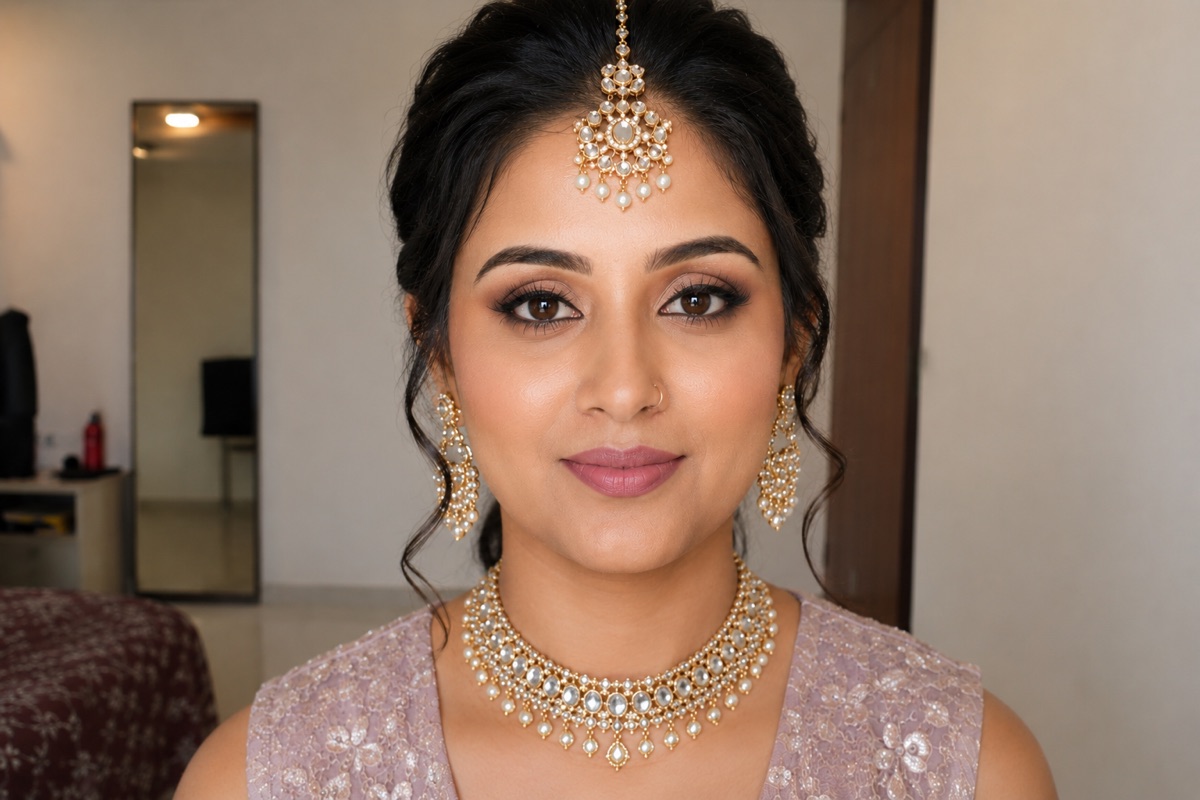 The same client after, with soft rose-toned eye definition, a natural-finish base and kundan jewellery