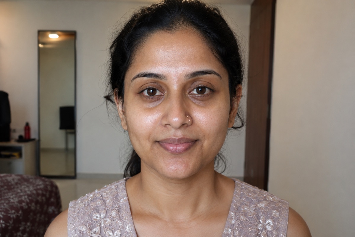 Client before her appointment, bare skin in daylight with her hair tied back